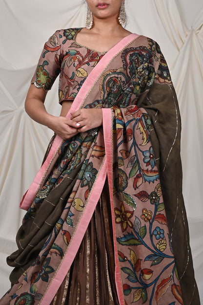 Brown Ashta-Laxmi Kalamkari Lehenga Set