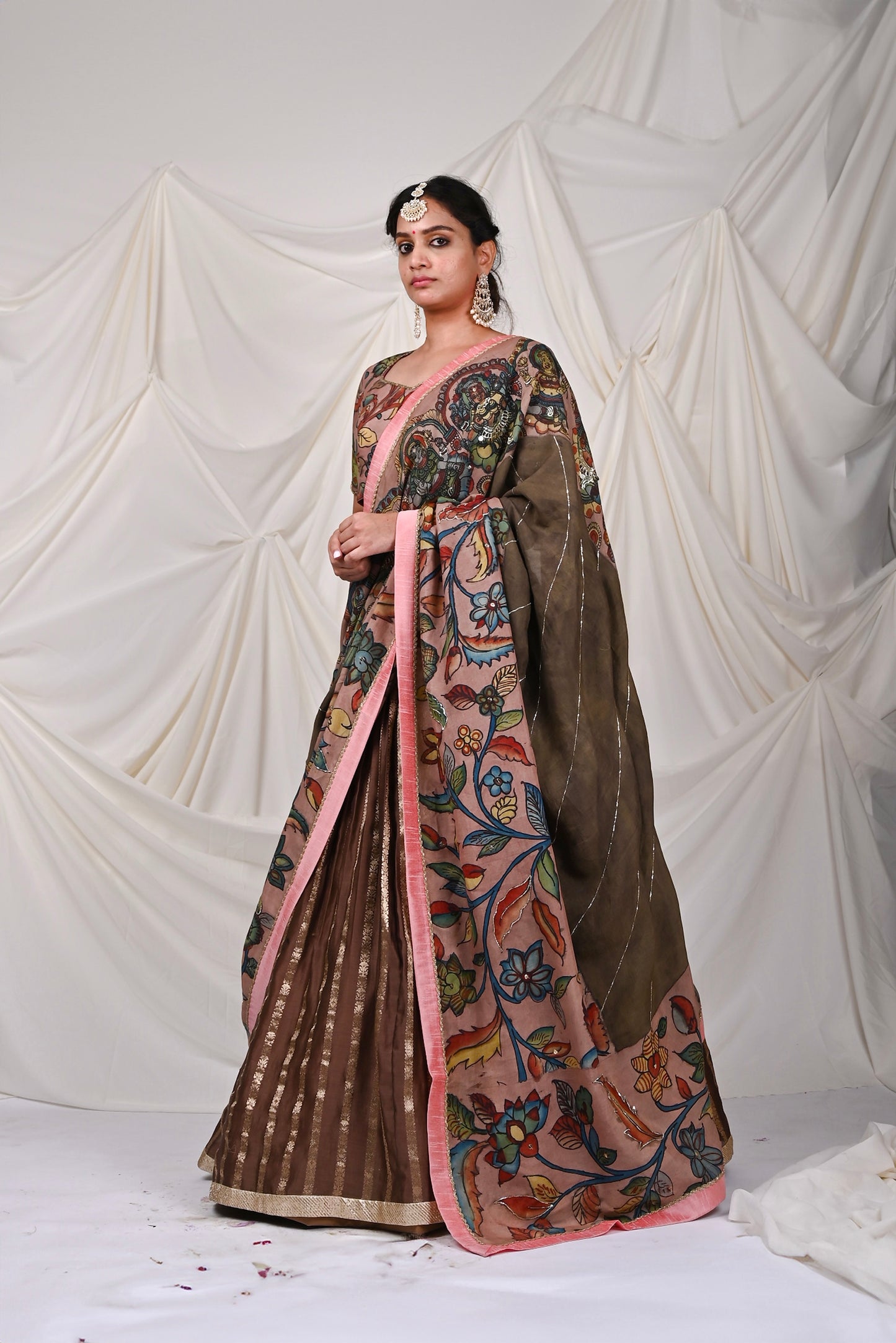 Brown Ashta-Laxmi Kalamkari Lehenga Set