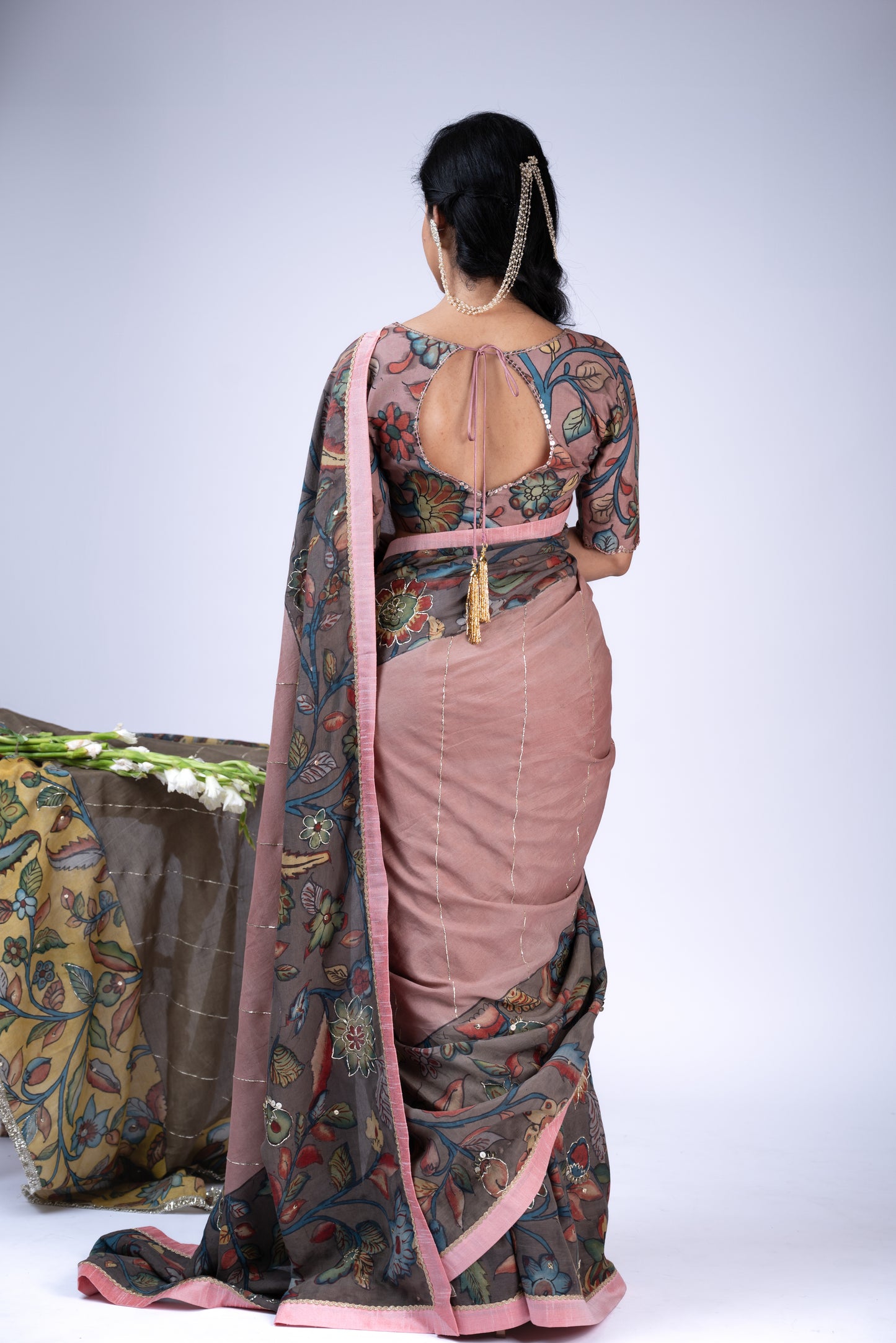 Sandrose-Pink Panelled Kalamkari Saree Set