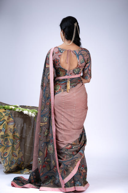 Sandrose-Pink Panelled Kalamkari Saree Set