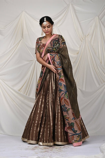 Brown Ashta-Laxmi Kalamkari Lehenga Set