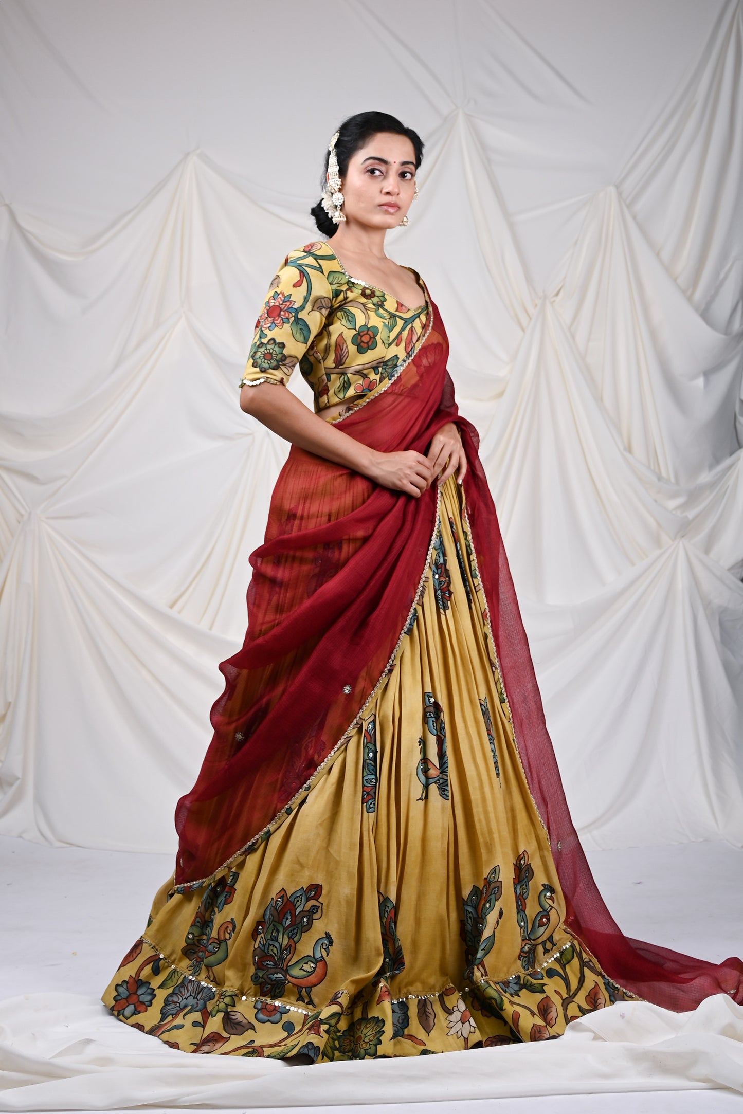 Oakre-Yellow Kalamkari Peacock Lehenga Set