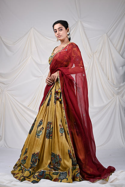 Oakre-Yellow Kalamkari Peacock Lehenga Set