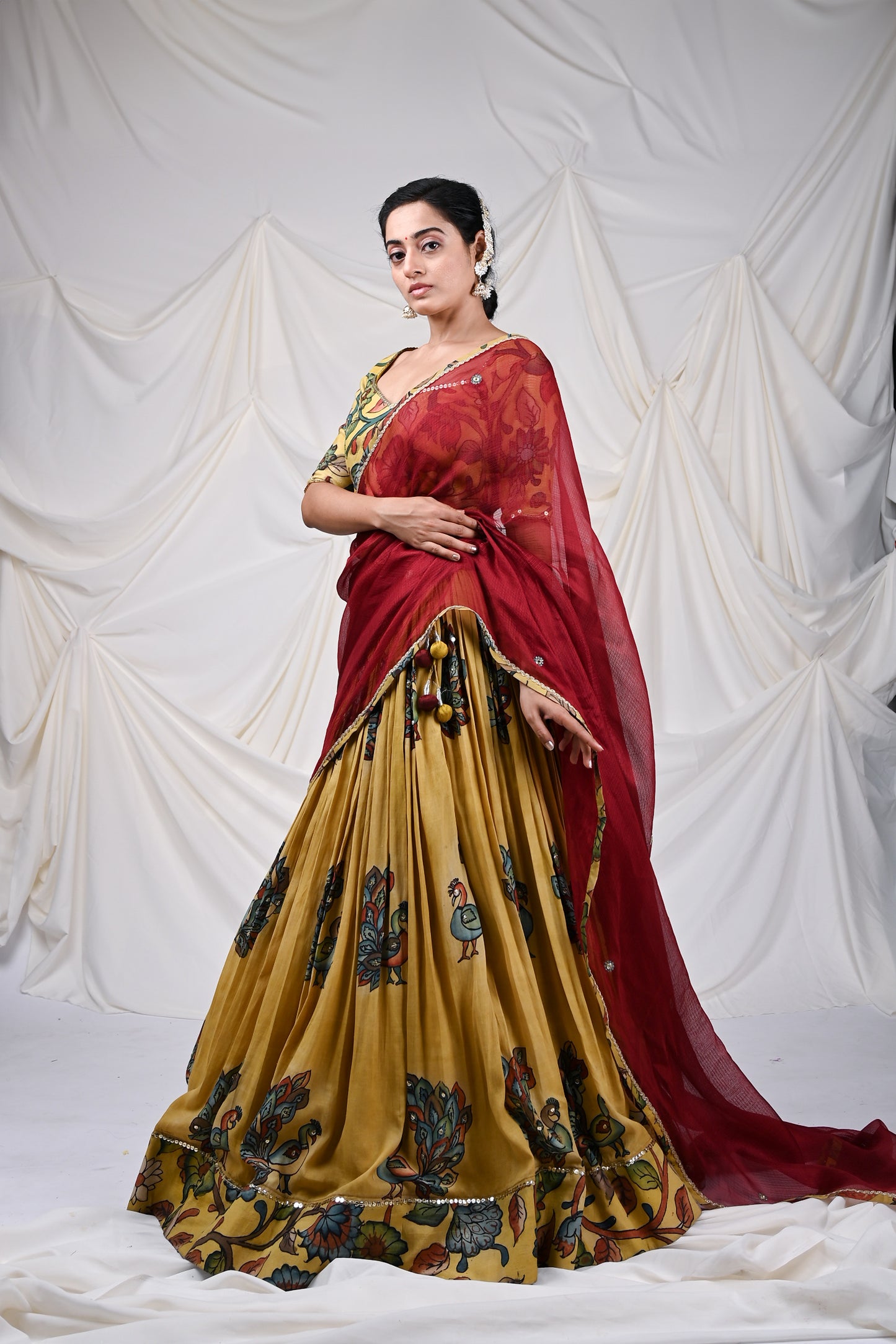 Oakre-Yellow Kalamkari Peacock Lehenga Set