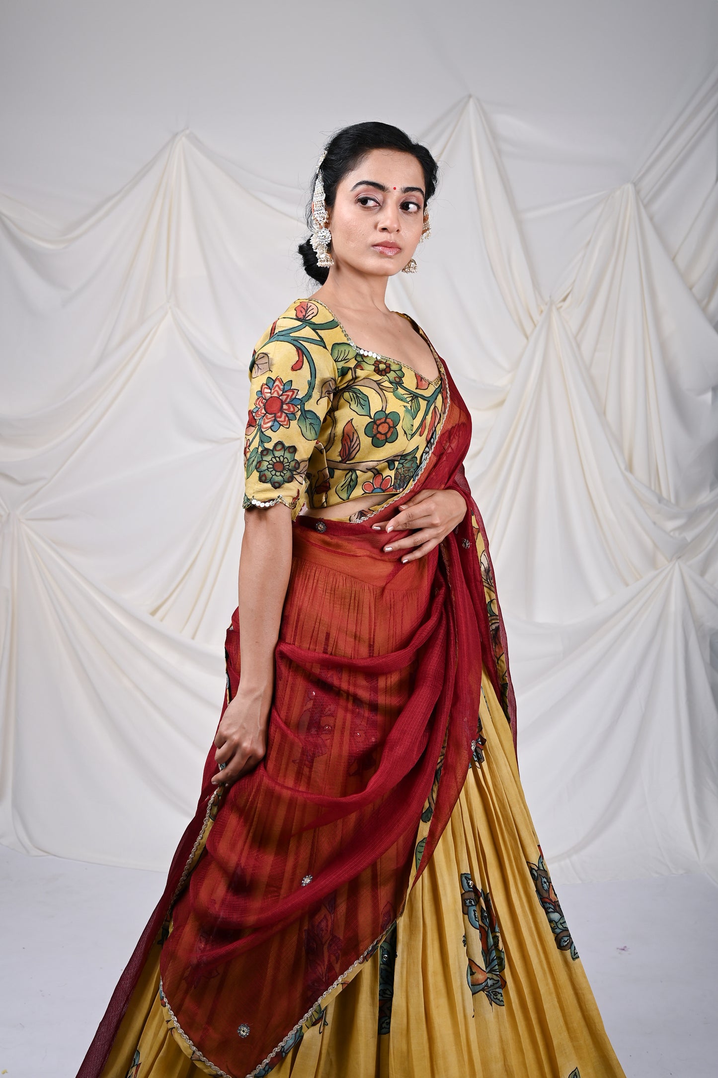 Oakre-Yellow Kalamkari Peacock Lehenga Set