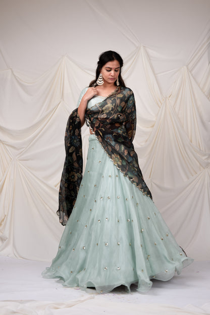 Ice-Blue Kalamkari Flared Lehenga Set