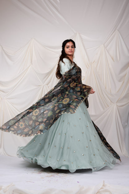 Ice-Blue Kalamkari Flared Lehenga Set