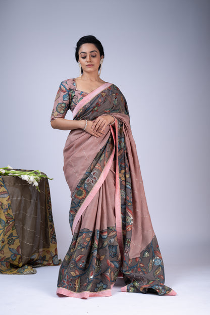 Sandrose-Pink Panelled Kalamkari Saree Set