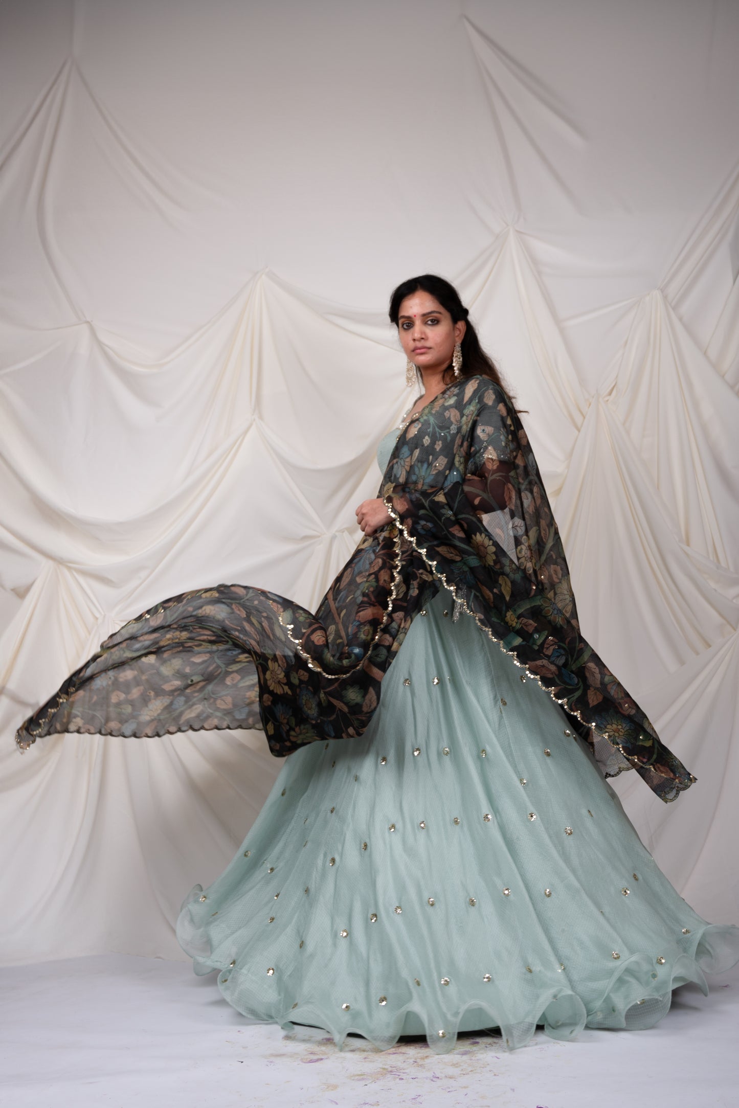 Ice-Blue Kalamkari Flared Lehenga Set