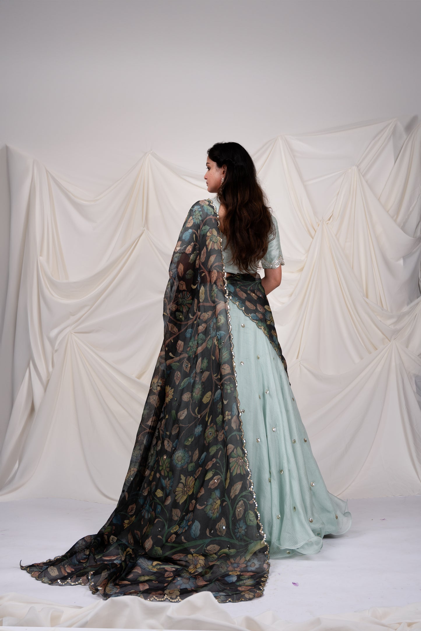 Ice-Blue Kalamkari Flared Lehenga Set