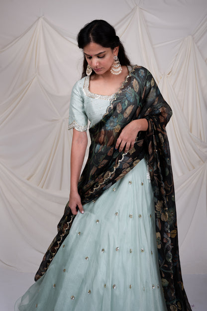 Ice-Blue Kalamkari Flared Lehenga Set