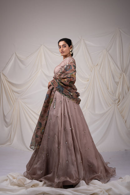 Sandrose-Pink Kalamkari Flared Lehenga Set