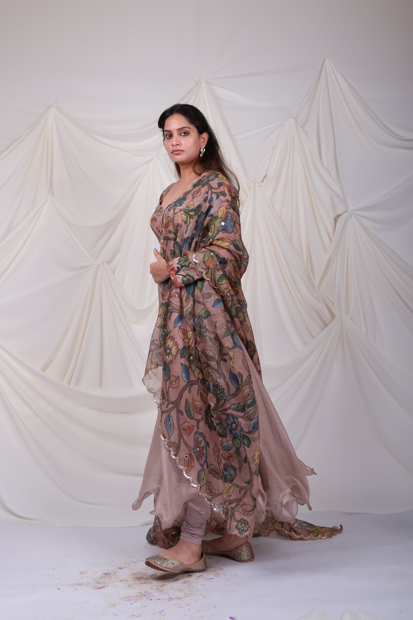 Sandrose-Pink Kalamkari Flared Anarkali Set