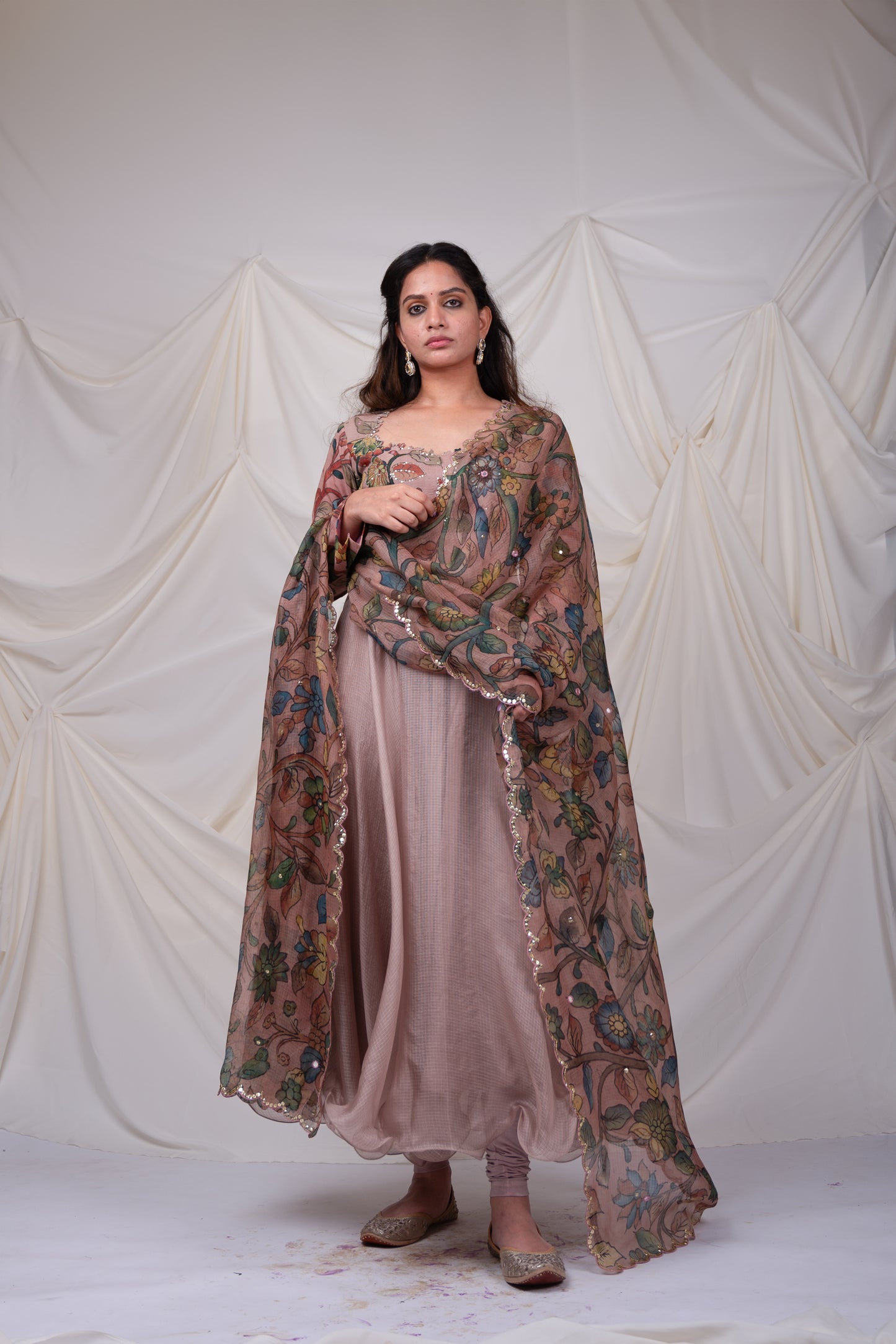 Sandrose-Pink Kalamkari Flared Anarkali Set