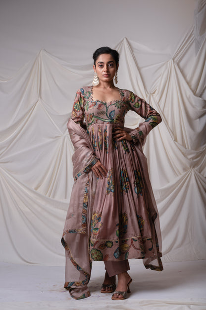 Sandrose-Pink Kalamkari Peacock Anarkali Set