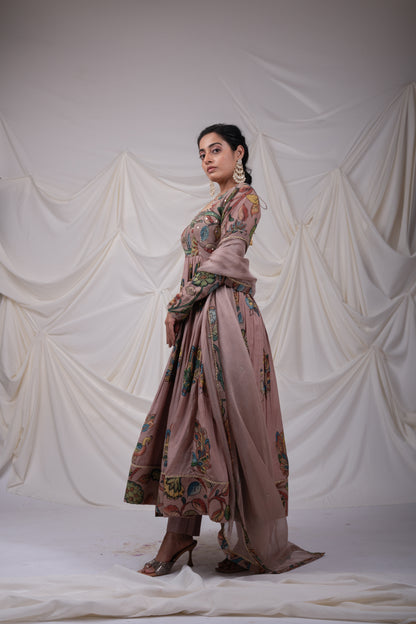 Sandrose-Pink Kalamkari Peacock Anarkali Set