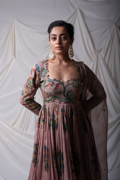 Sandrose-Pink Kalamkari Peacock Anarkali Set