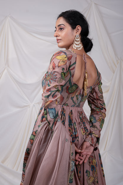 Sandrose-Pink Kalamkari Peacock Anarkali Set