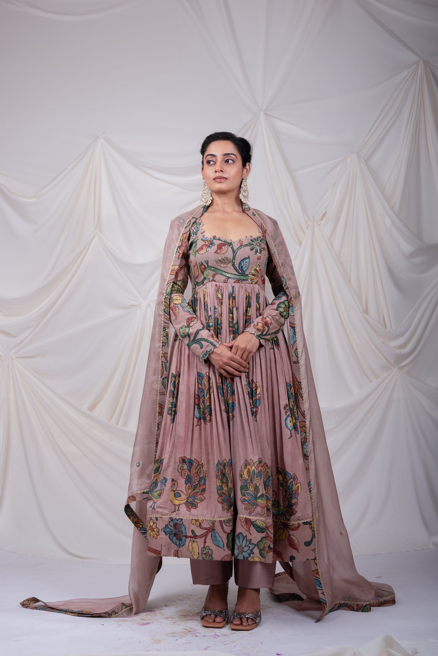 Sandrose-Pink Kalamkari Peacock Anarkali Set