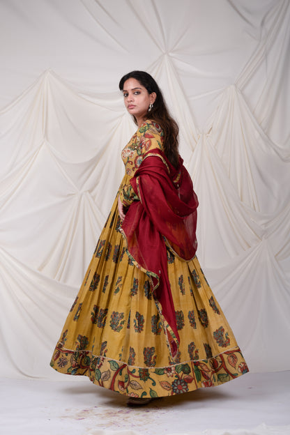 Oakre Yellow Kalamkari Peacock Anarkali Set