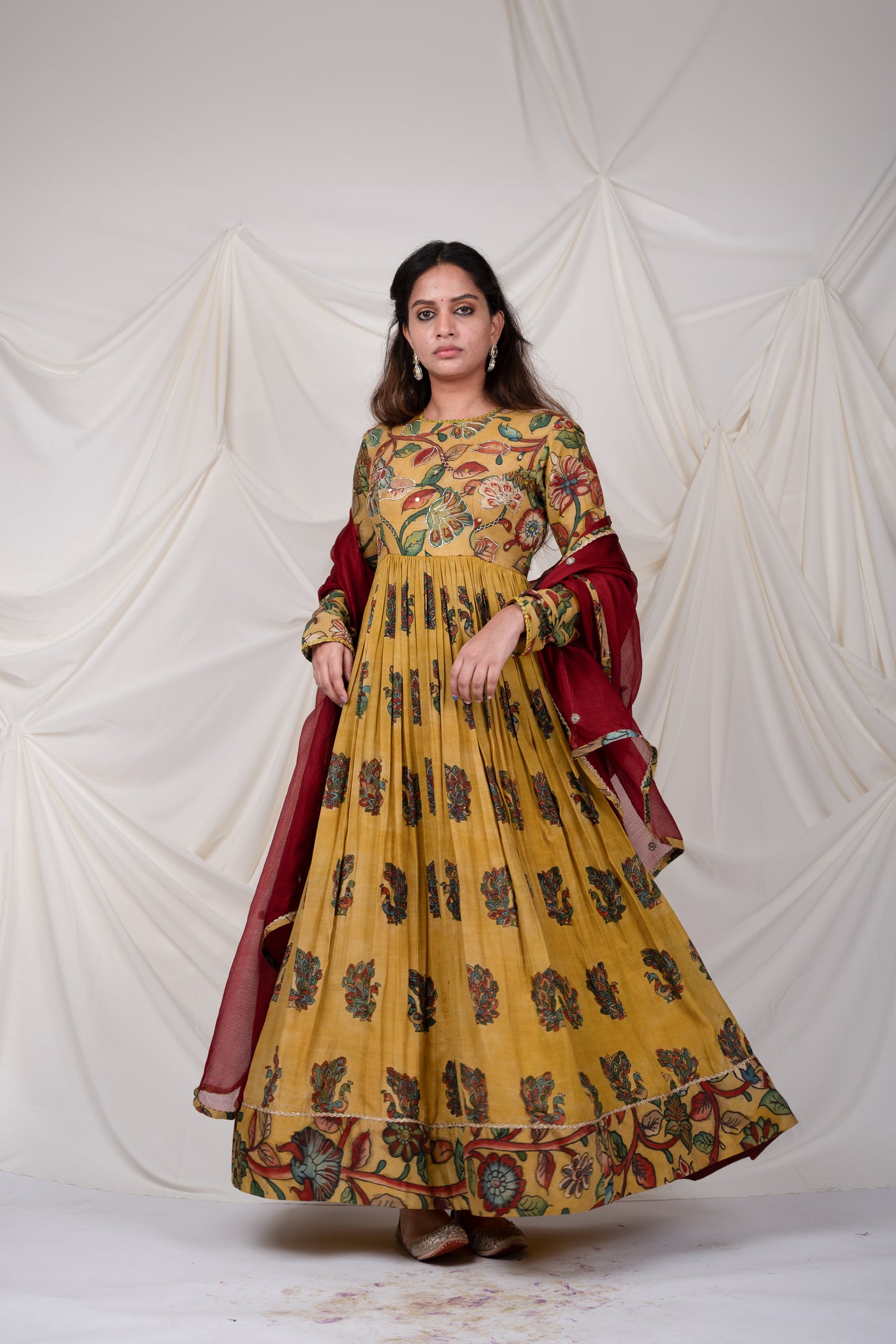 Oakre Yellow Kalamkari Peacock Anarkali Set