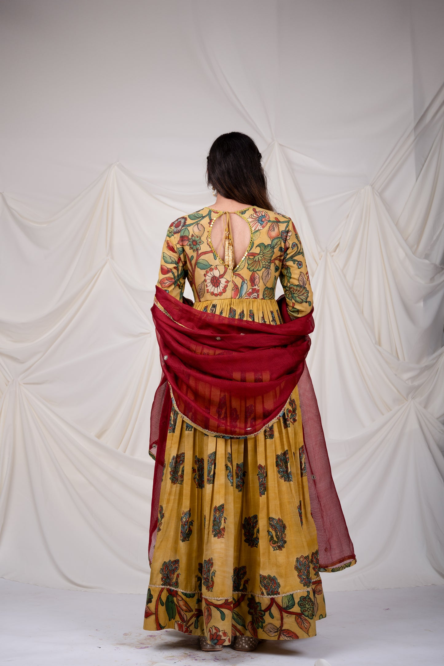 Oakre Yellow Kalamkari Peacock Anarkali Set