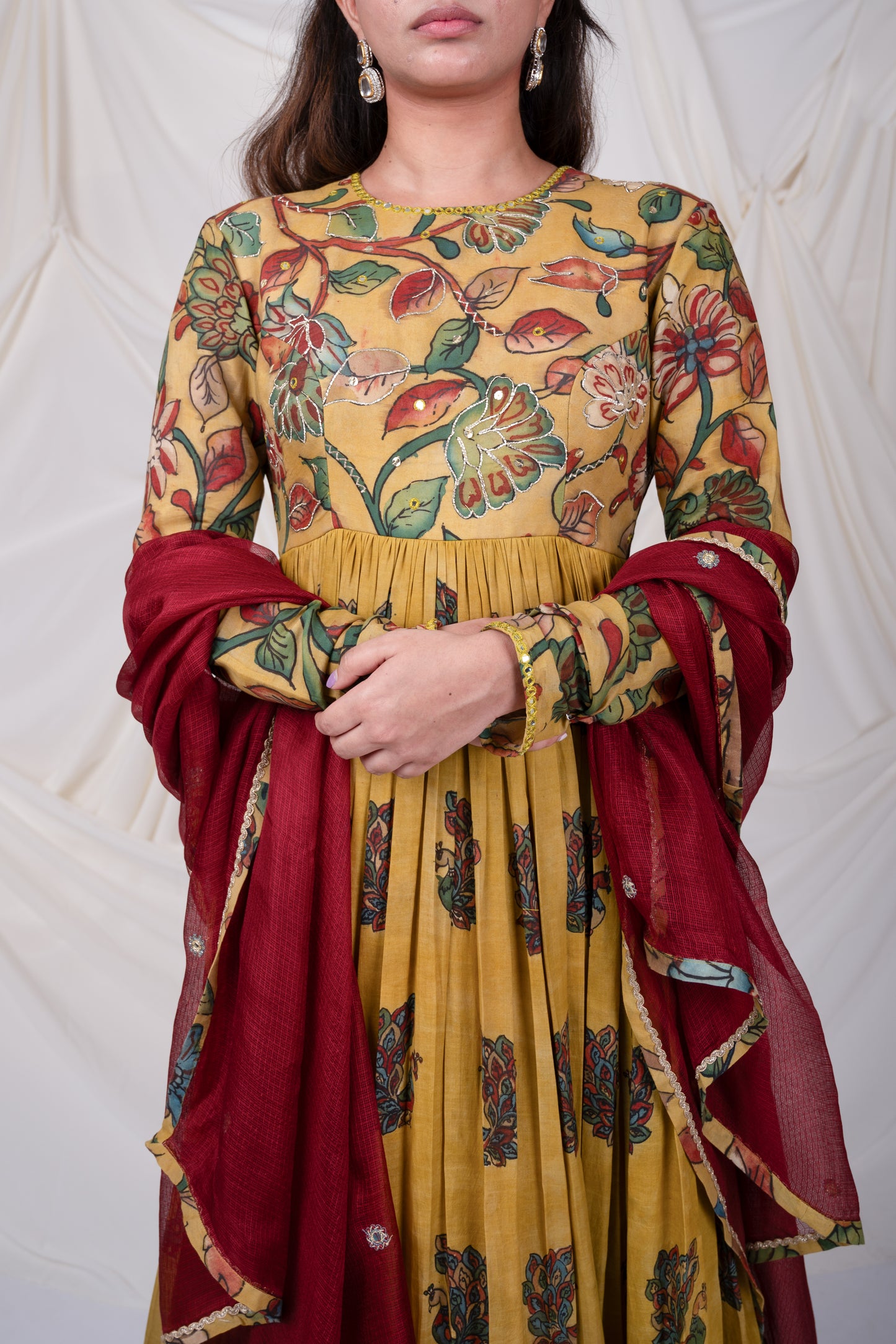 Oakre Yellow Kalamkari Peacock Anarkali Set