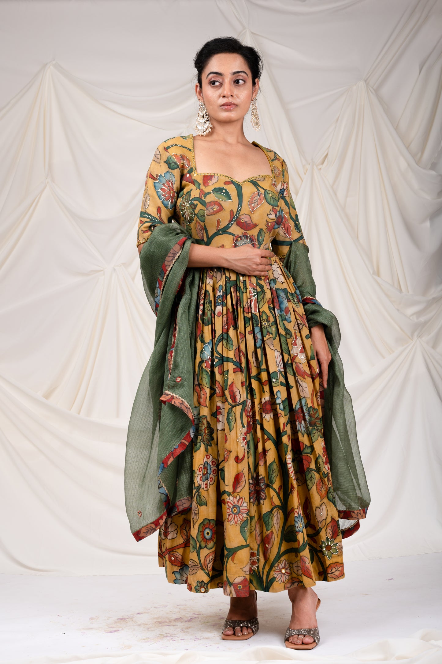 Oakre Yellow Kalamkari Floral Anarkali Set