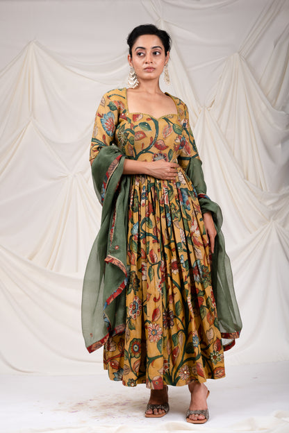 Oakre Yellow Kalamkari Floral Anarkali Set