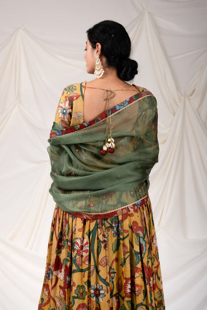 Oakre Yellow Kalamkari Floral Anarkali Set