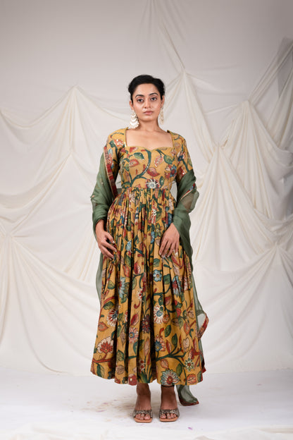 Oakre Yellow Kalamkari Floral Anarkali Set