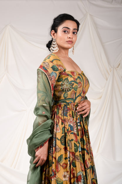 Oakre Yellow Kalamkari Floral Anarkali Set