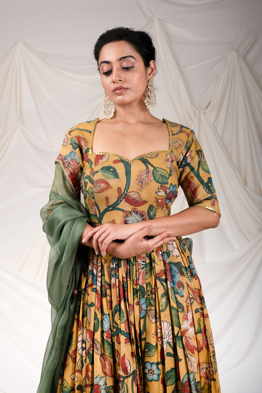 Oakre Yellow Kalamkari Floral Anarkali Set