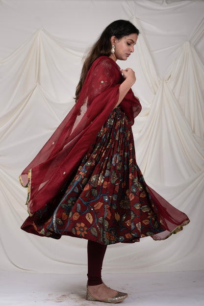 Maroon Floral Kalamkari Anarkali Set