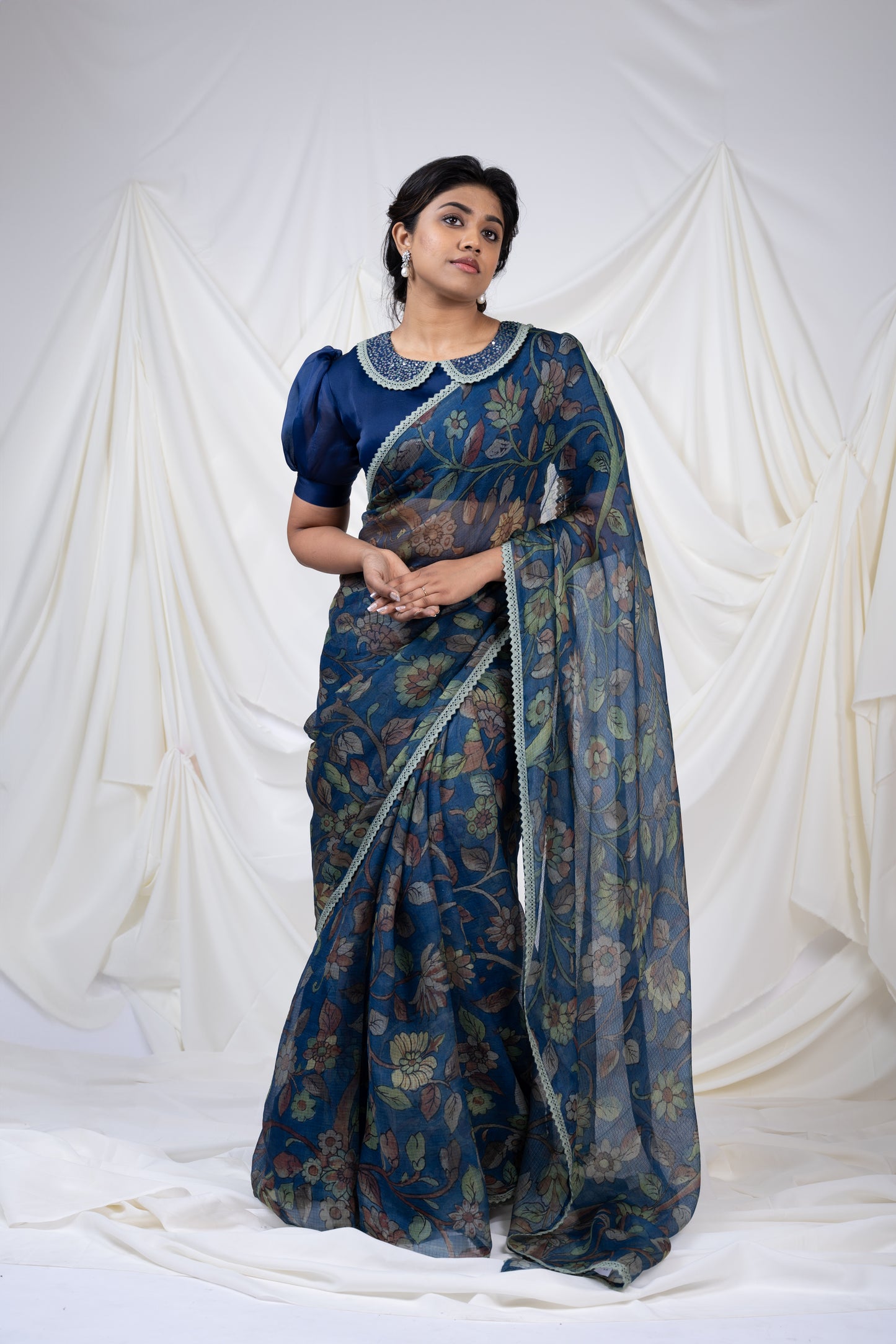 Indigo-Blue Floral Kalamkari Saree Set