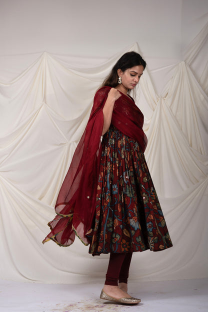 Maroon Floral Kalamkari Anarkali Set