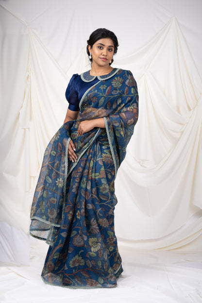 Indigo-Blue Floral Kalamkari Saree Set