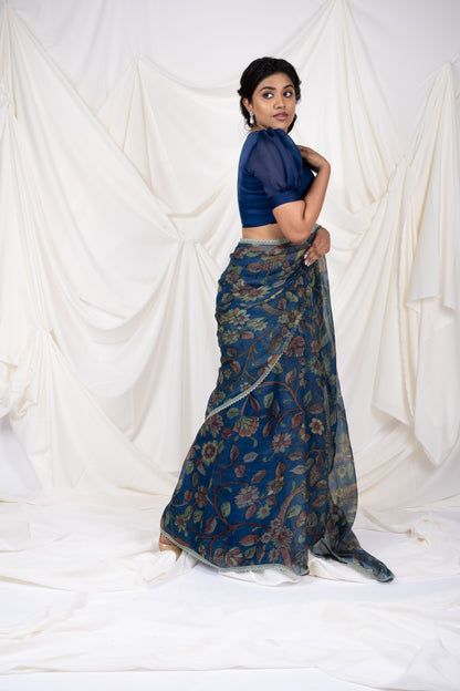 Indigo-Blue Floral Kalamkari Saree Set