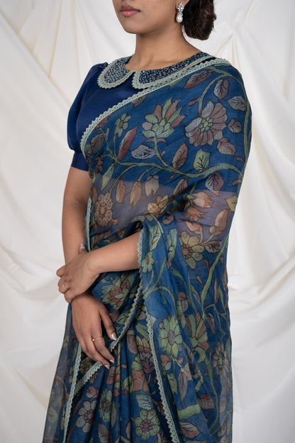 Indigo-Blue Floral Kalamkari Saree Set