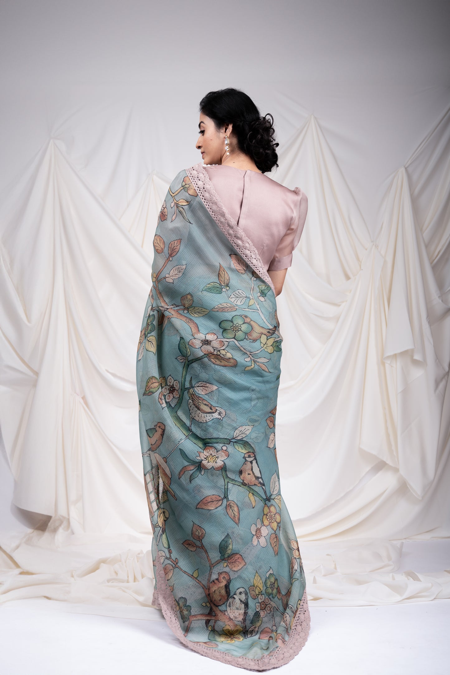 Pastel Blue Bird-Cage Kalamkari Saree Set