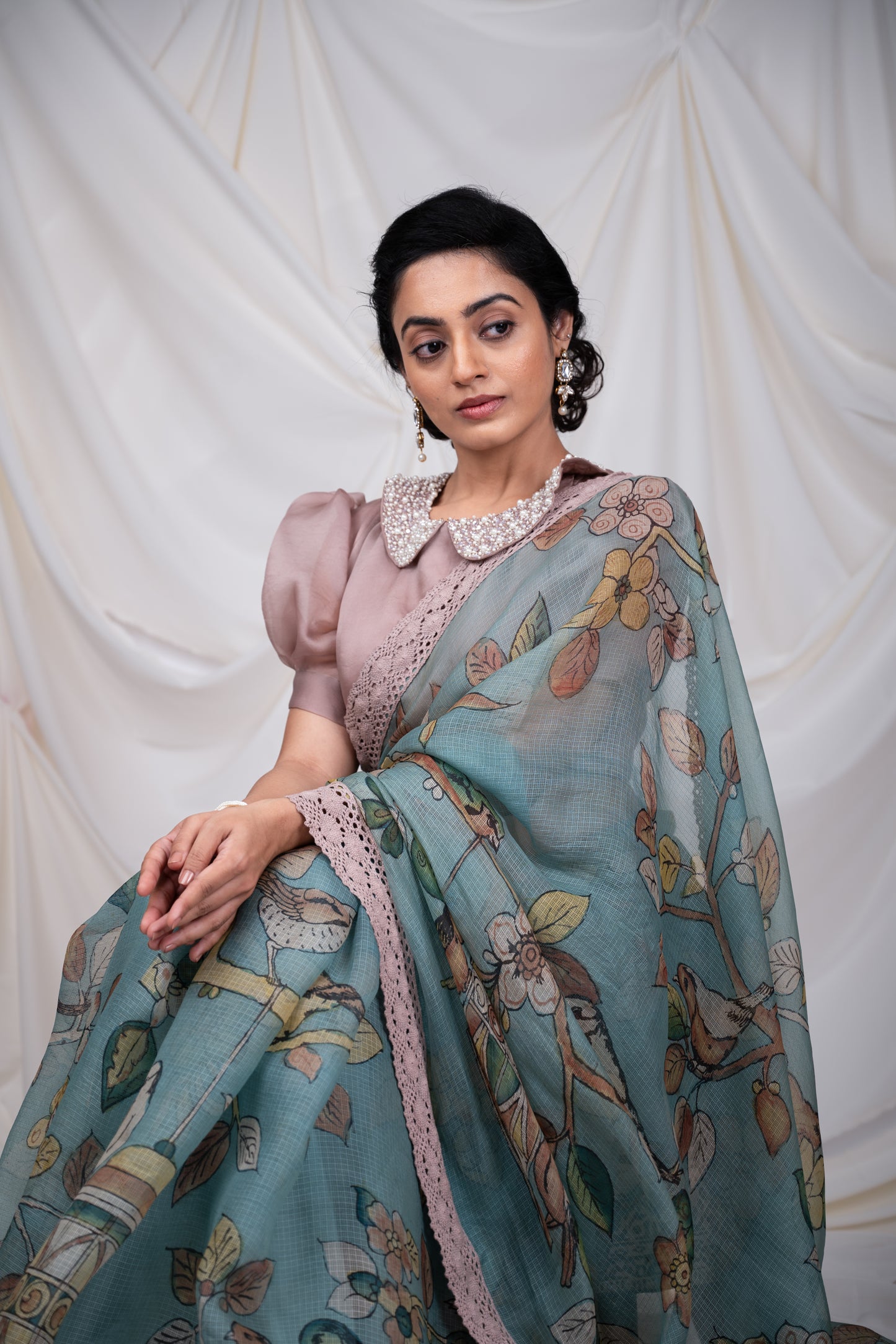 Pastel Blue Bird-Cage Kalamkari Saree Set