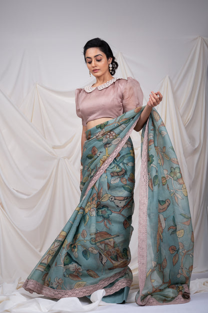 Pastel Blue Bird-Cage Kalamkari Saree Set