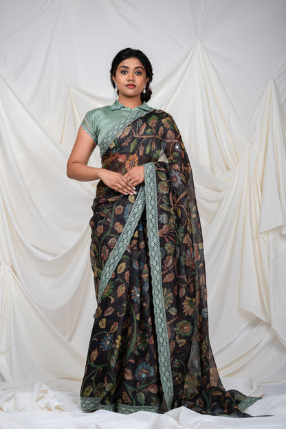 Noir Floral Kalamkari Saree Set