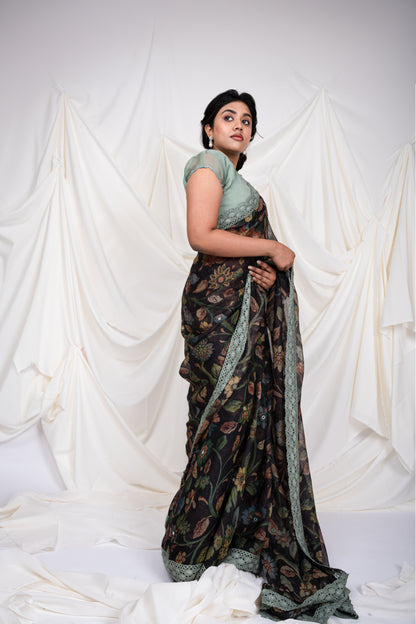 Noir Floral Kalamkari Saree Set