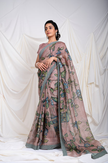 Sandrose-Pink Bird-Cage Kalamkari Saree Set