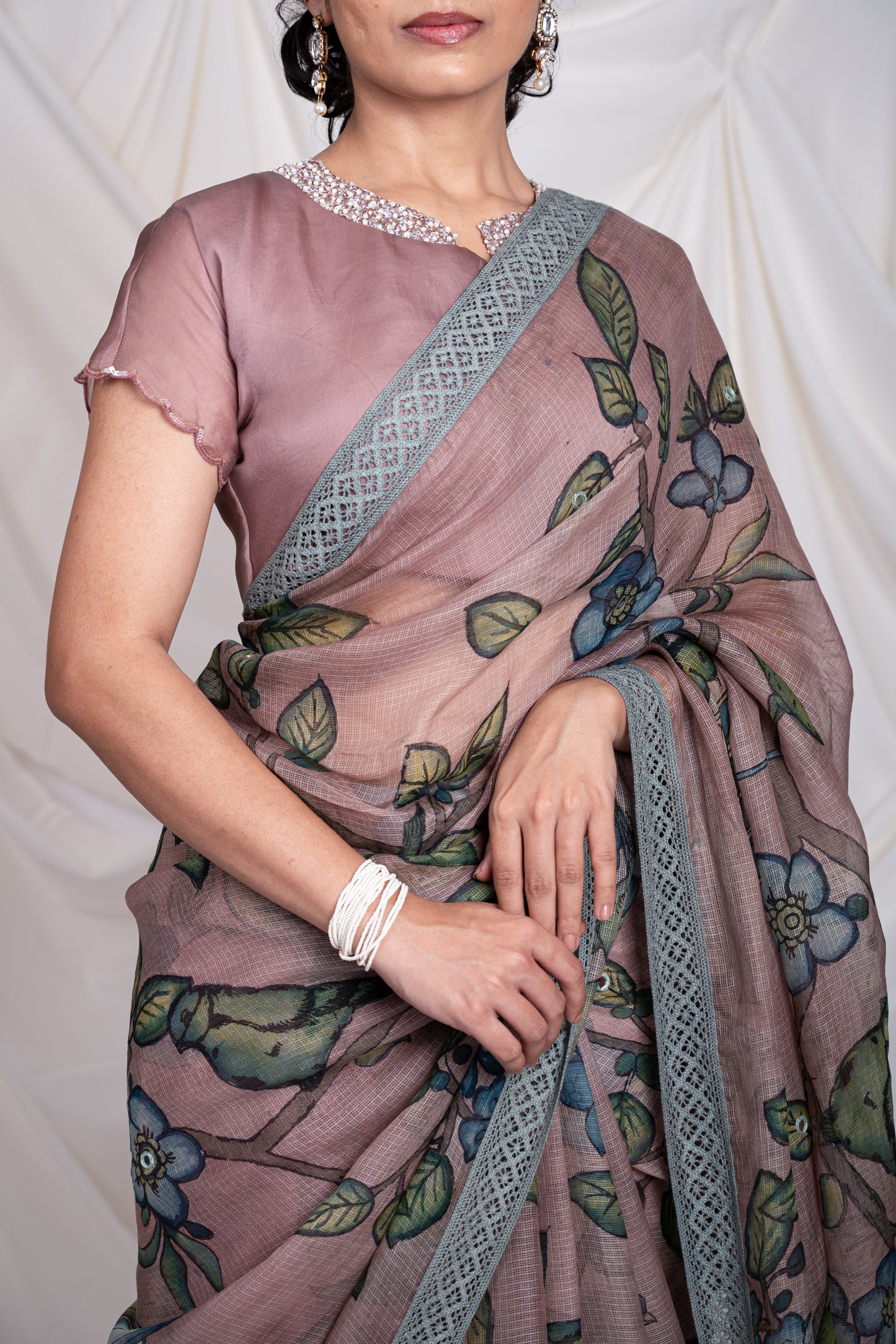 Sandrose-Pink Bird-Cage Kalamkari Saree Set