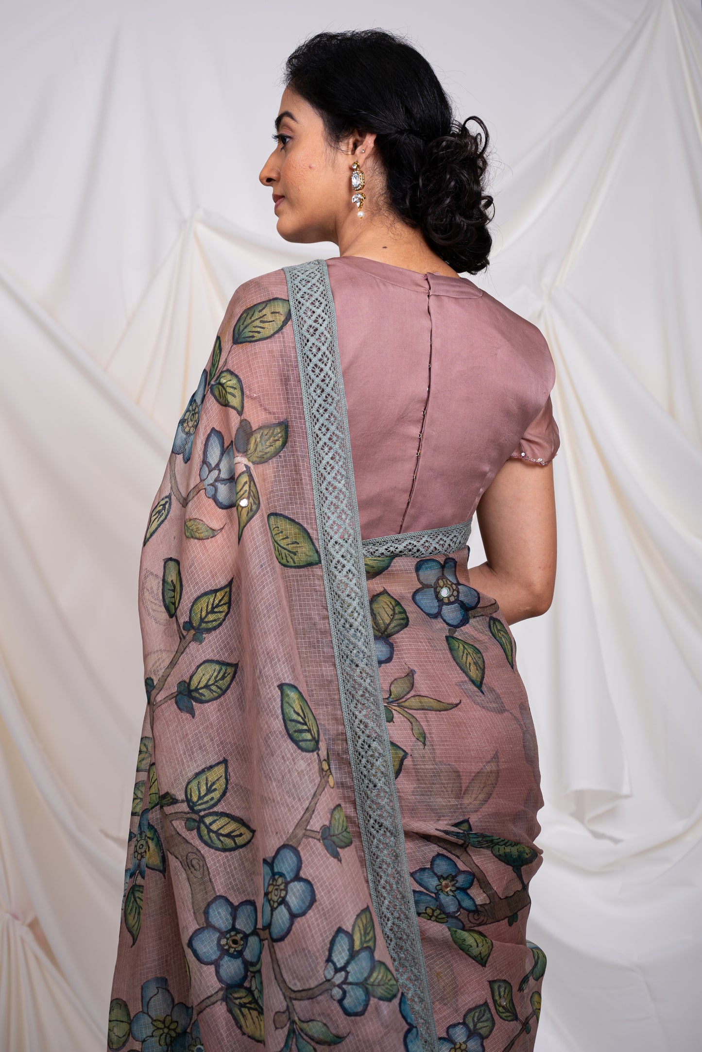 Sandrose-Pink Bird-Cage Kalamkari Saree Set