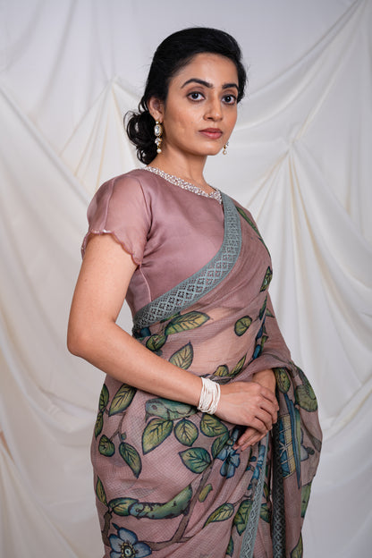 Sandrose-Pink Bird-Cage Kalamkari Saree Set