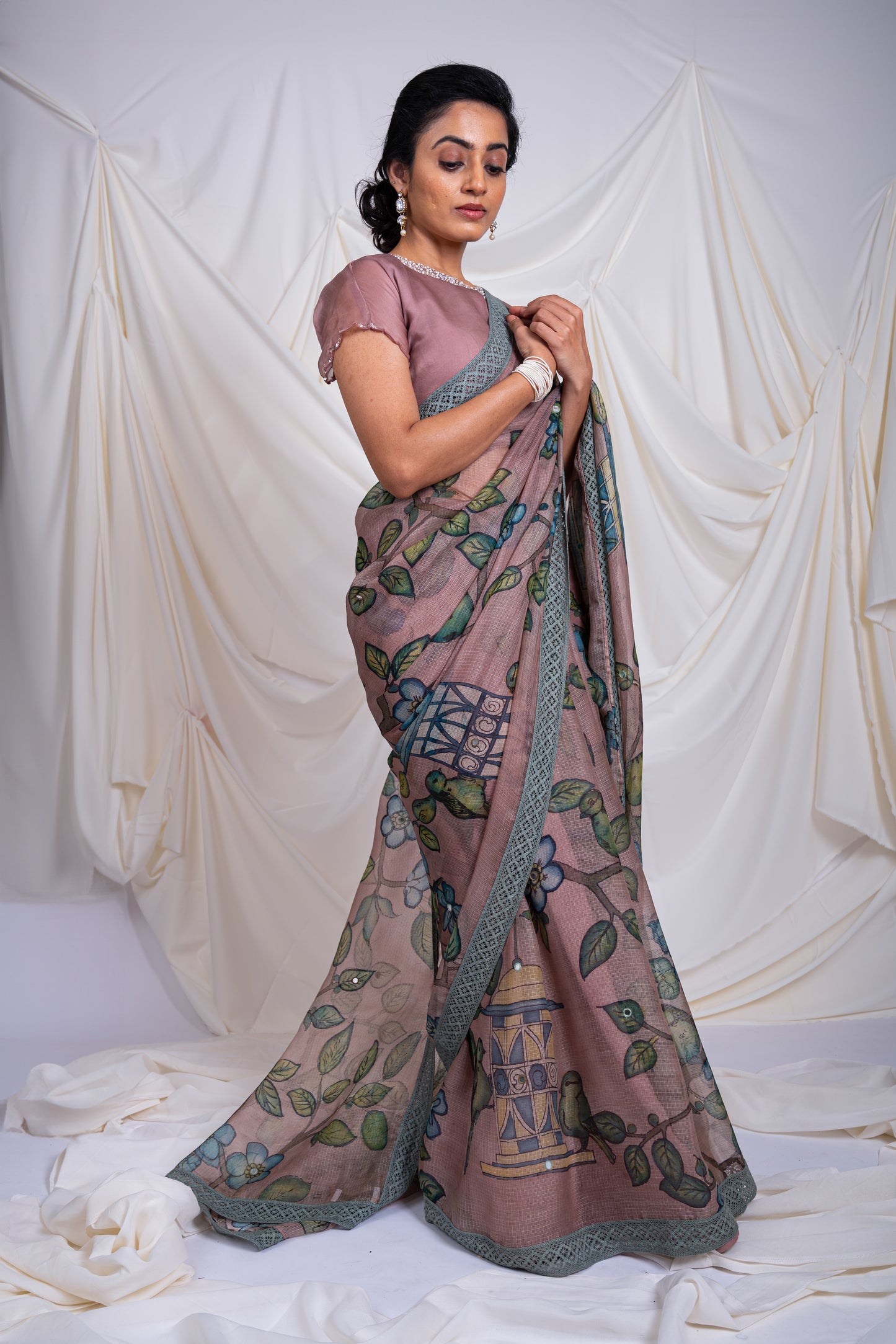 Sandrose-Pink Bird-Cage Kalamkari Saree Set