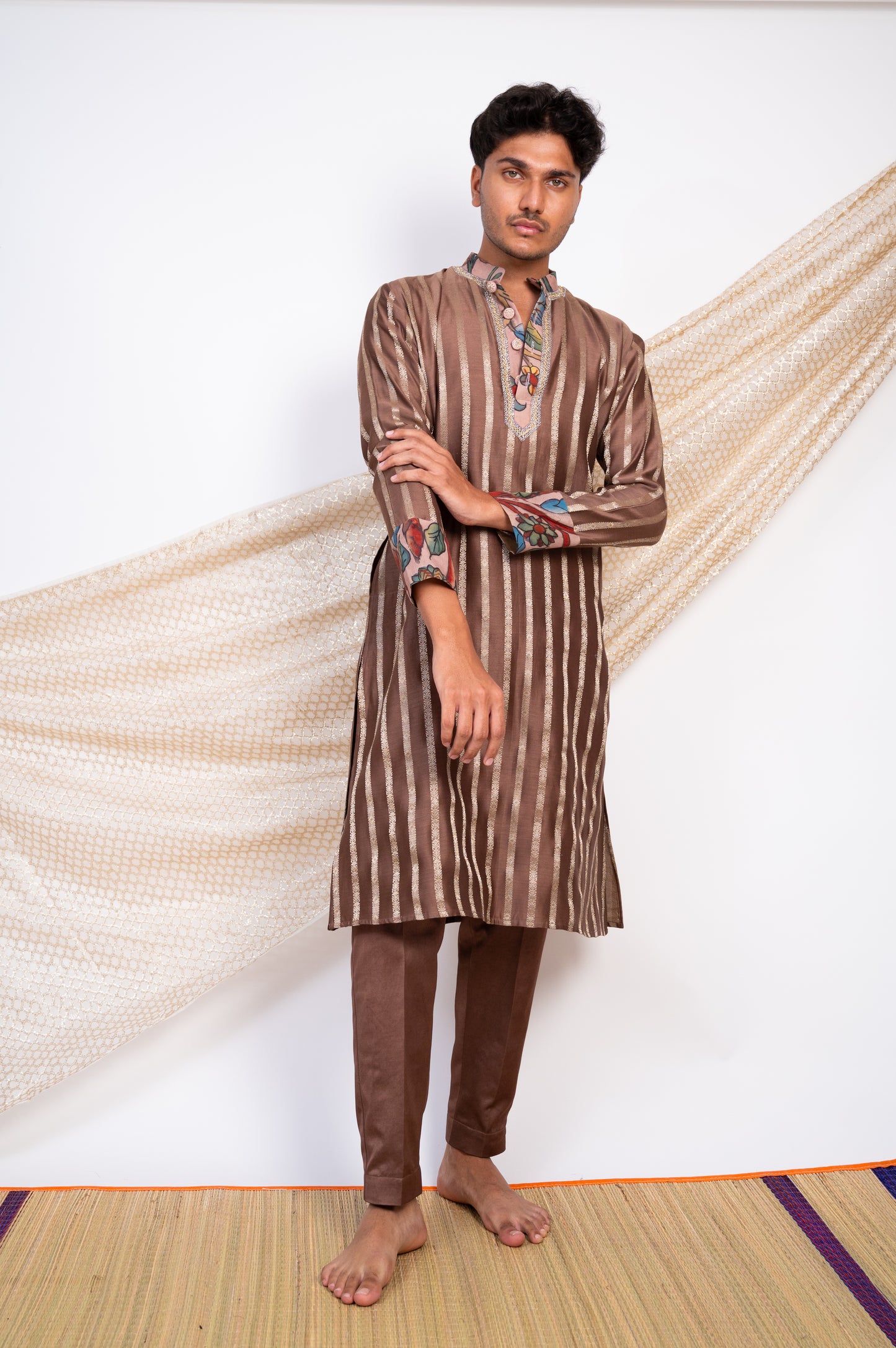 Dusty Brown Stripes Kurta Set.